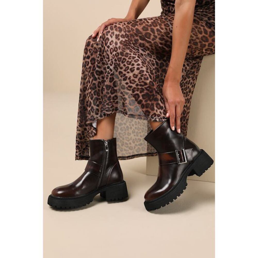 Lulus Mirrabelle Chestnut Box Distressed Buckle Platform Ankle Boots Brown